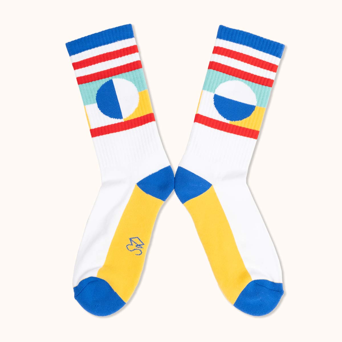 Socks Séverine Dietrich packshot yellow red blue and white