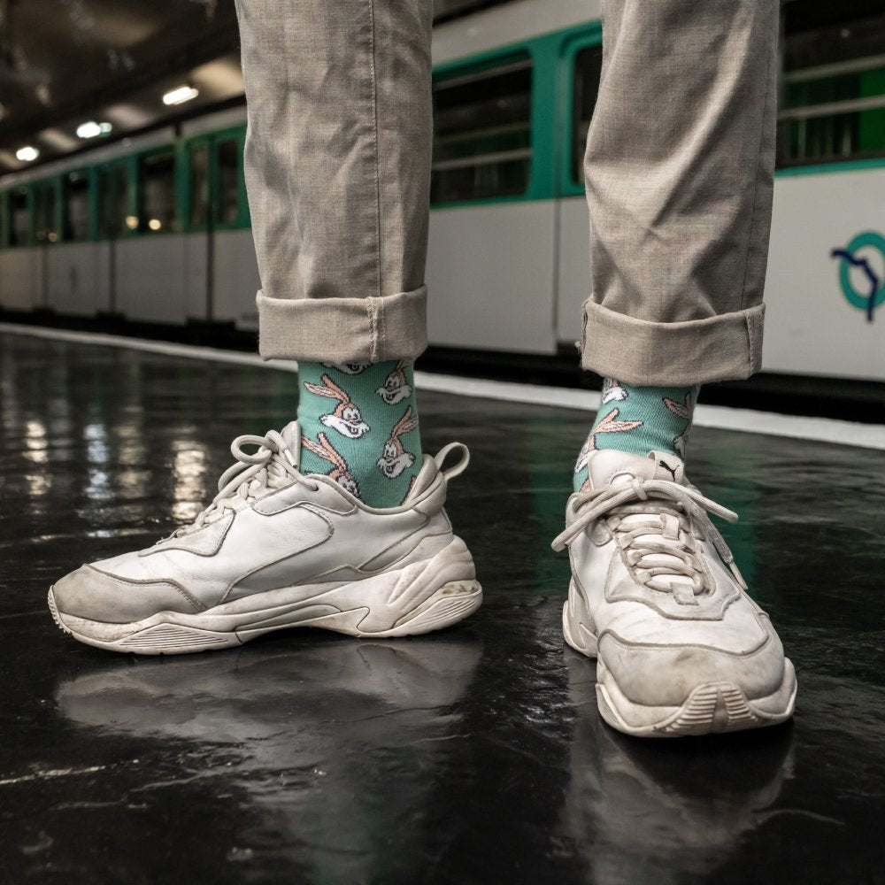 Green RATP socks worn in the metro